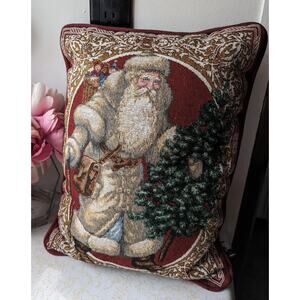 Vintage Tapestry Winter Holiday Pillow Old Time Santa Primitive‎ Stars Made USA
